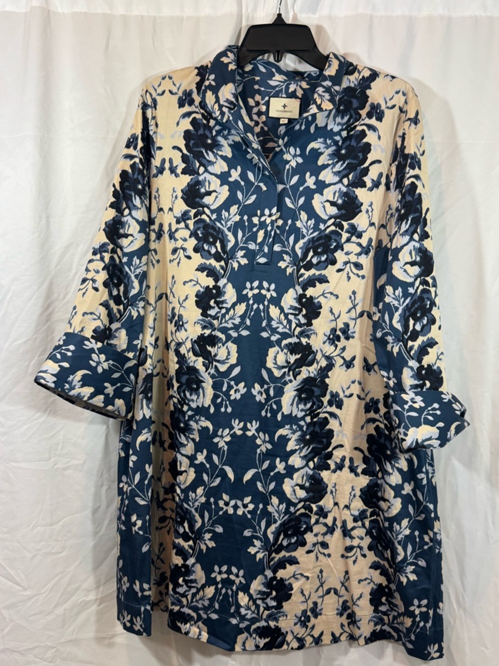 Tuckernuck Navy and Cream Floral Long-Sleeve Tunic Dress XL